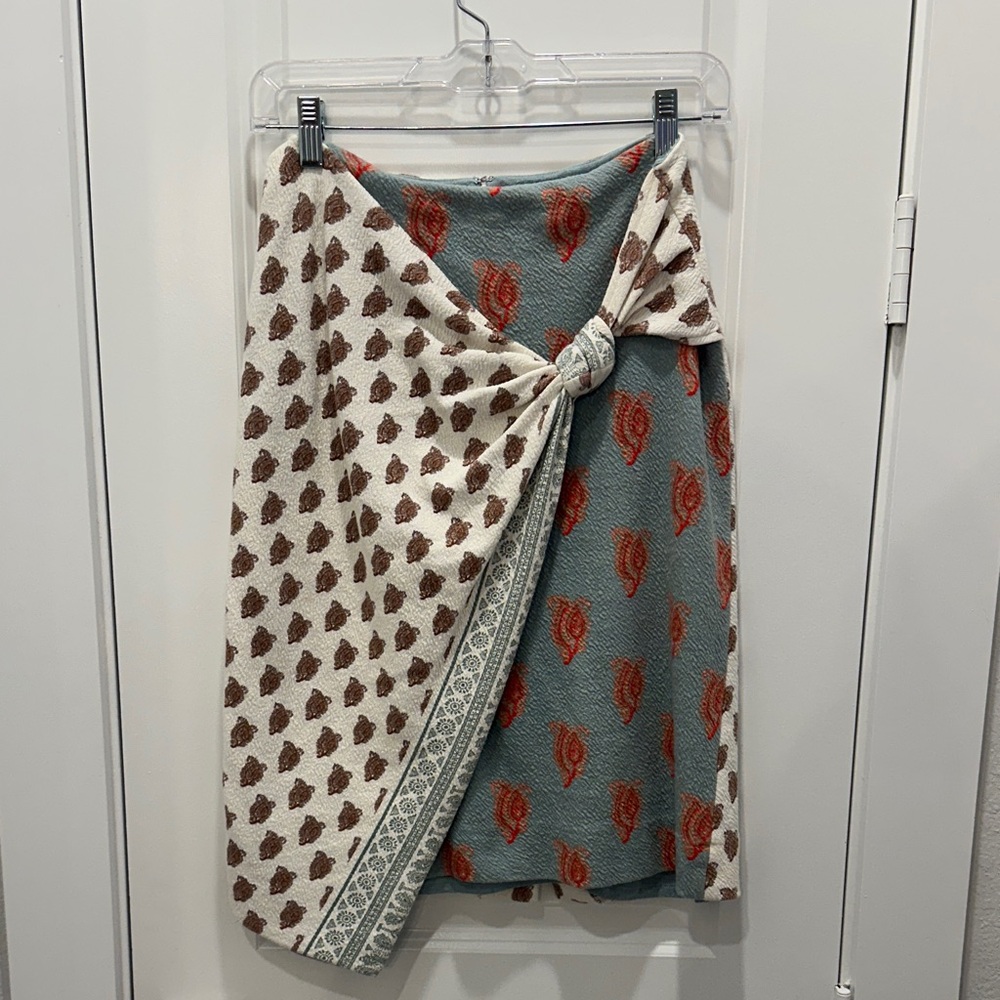 Maeve Reversible Midi Wrap Skirt in Cream, Brown & Blue-Green